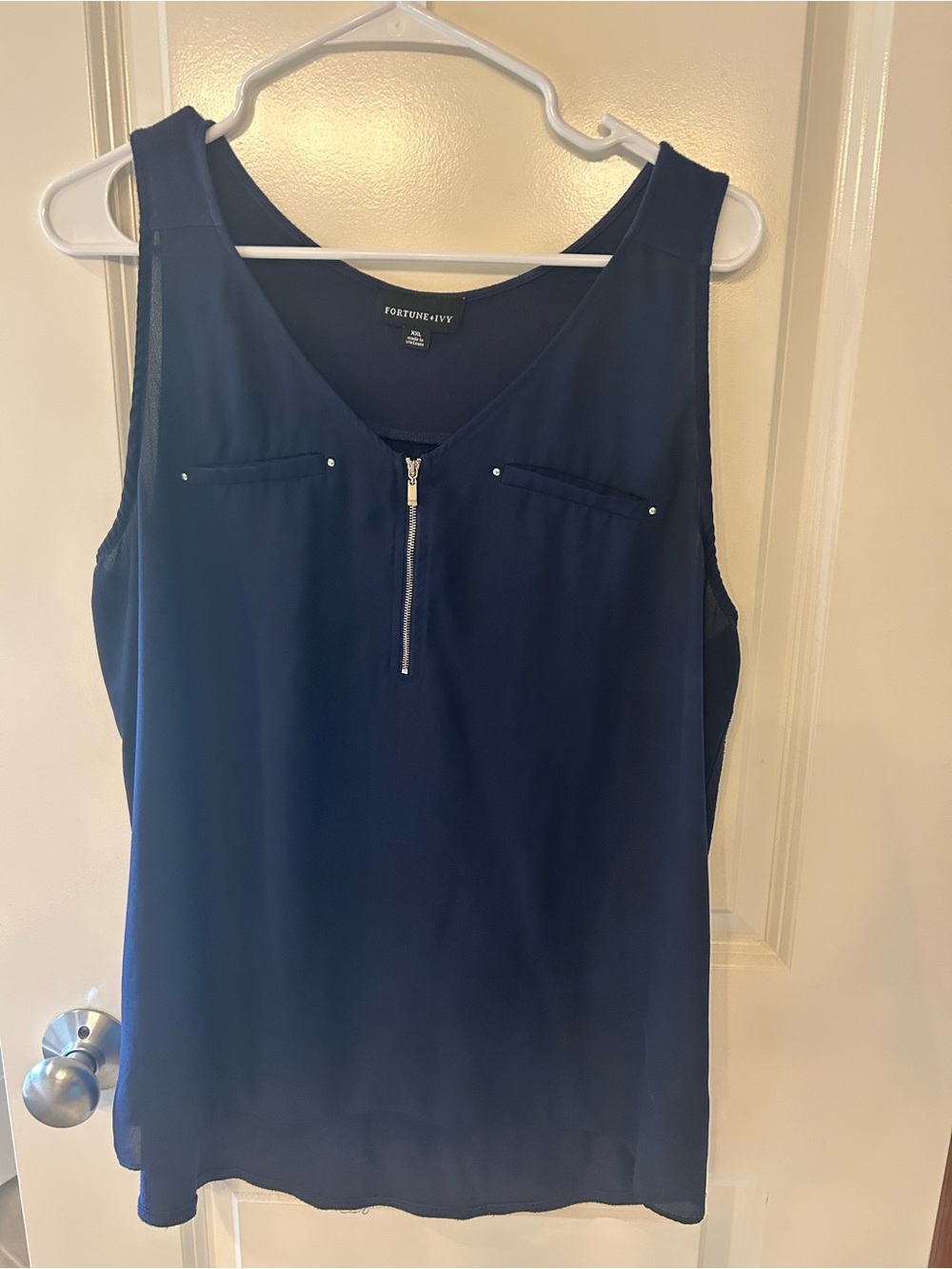 Sleeveless Blouse Navy Zip-Front Tank Top Mixed Material - Picture 6 of 7